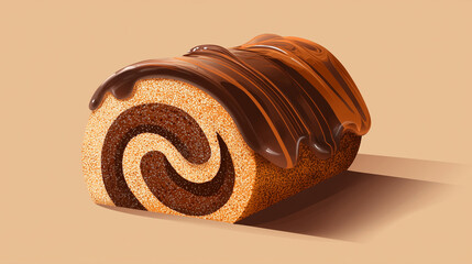 Stylized illustration of yule log cake with chocolate glaze, rich brown palette, soft gradients, modern flat style