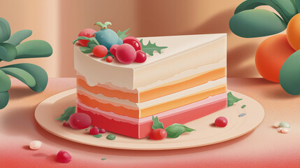 Stylized illustration of holiday cake with cream layers and berries, warm festive colors, smooth gradients, flat textured style