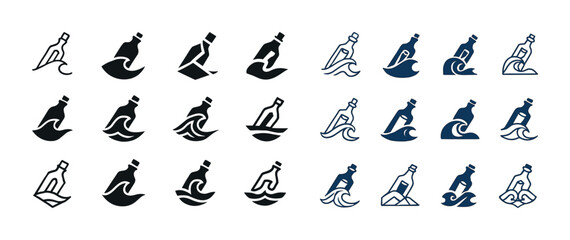 Set of iconic bottle with ocean waves and geometric designs in black and blue