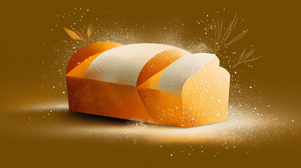 Stylized illustration of holiday bread loaf with powdered sugar, warm golden tones, smooth shapes, subtle texture