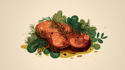 Stylized illustration of roasted meat with herbs, warm brown and green tones, smooth shapes, minimal background