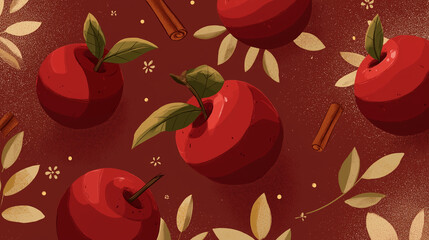 Stylized illustration of baked apples with cinnamon, warm red and gold tones, soft gradients, cozy flat style