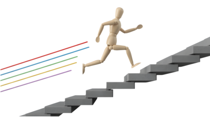Wooden art mannequin running up gray steps with colorful lines trailing behind on a dark background symbolizing progress and ambition