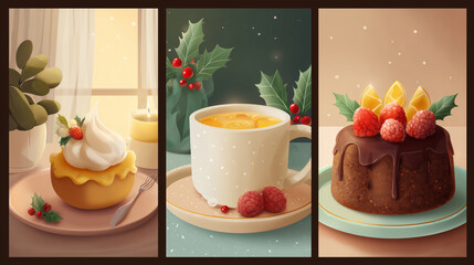Set of holiday food illustrations in cozy flat style, warm muted palette, soft gradients, minimal backgrounds, commercial stock look