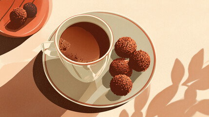 Stylized illustration of cocoa drink with chocolate truffles on plate, rich warm tones, modern flat illustration