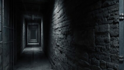 Obraz premium Dimly lit long hallway with stone wall texture, perspective view