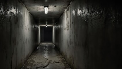 Dimly lit, narrow concrete corridor receding into darkness, lights overhead