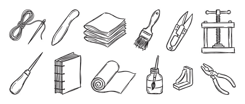 Hand-drawn set of bookbinding tools and materials in a black and white sketch style, including a book press, awl, bone folder, needle, thread, and paper for crafting