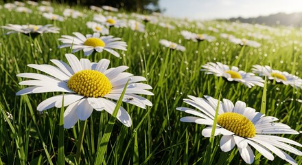 Field of daisies in morning sunlight with dew drops on green grass