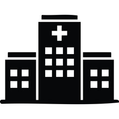 Obraz premium Black and White Hospital Building Icon with Cross Symbol, Medical Facility Vector Representation