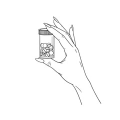 Icon of a beautiful female hand holding a bottle of medicine pills, representing health and wellness concepts
