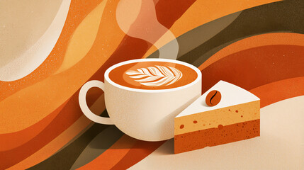 Stylized illustration of cappuccino with holiday cake slice, warm festive palette, smooth shapes, subtle texture