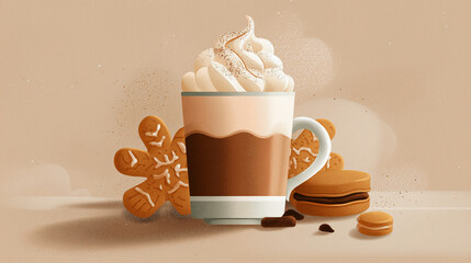 Stylized illustration of hot chocolate with whipped cream and gingerbread cookies, warm brown and cream palette, soft gradients, subtle paper texture, minimal background