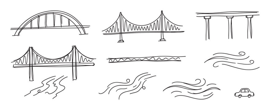 Hand-drawn doodle collection of various bridges, rivers, waves, and a small car, illustrated in a simple black line art sketch style for transportation or engineering concepts