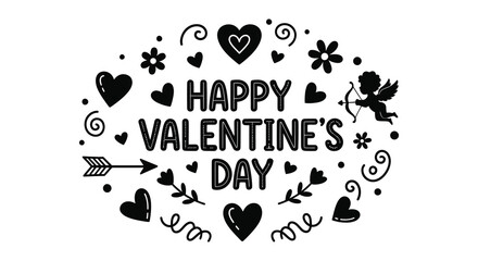 A charming valentine s day design featuring hearts a cupid and decorative elements in a bold silhouette