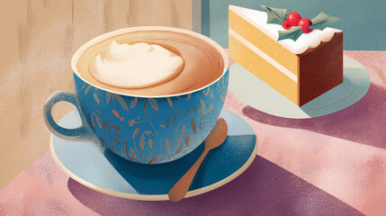Stylized illustration of cappuccino with holiday cake slice, warm festive palette, smooth shapes, subtle texture