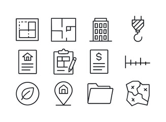 Property Development Icons. Property development. Line icon set of Property development: land plot icon, foundation plan, building elevation, crane hook, real