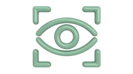 A soft pastel green rounded three dimensional eye icon is centrally displayed surrounded by target scanning brackets against a deep dark black backgro