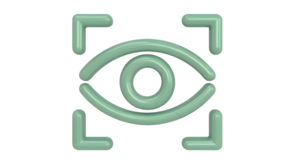 A soft pastel green rounded three dimensional eye icon is centrally displayed surrounded by target scanning brackets against a deep dark black backgro
