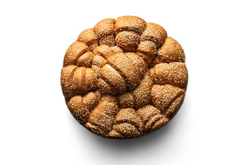 Close-up of fresh festive artisan homemade round bread in Bulgaria. Bulgarian tradional holiday pull apart bread pitka