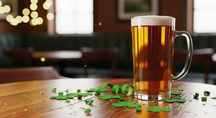 Frothy Beer Mug on Table with St. Patrick's Day Confetti and Bokeh Lights