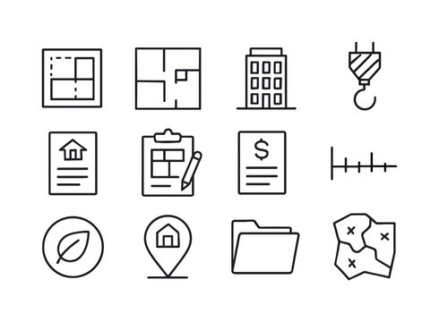 Property Development Icons. Property development. Line icon set of Property development: land plot icon, foundation plan, building elevation, crane hook, real