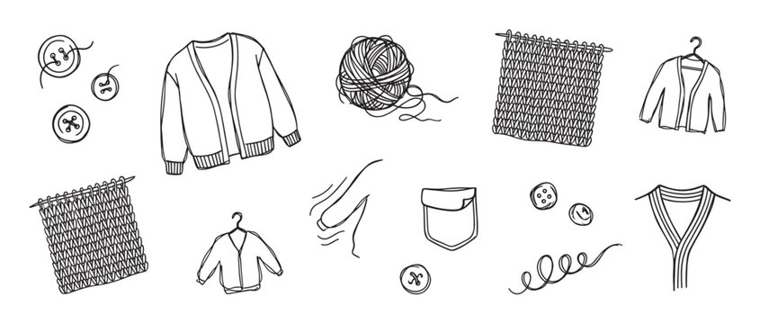 Hand-drawn set of knitting icons featuring a cozy cardigan, ball of yarn, knitting swatch, and buttons in a simple black and white line art sketch illustration
