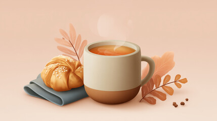 Illustrated hot apple cider with pastry, warm amber tones, soft gradients, modern flat illustration