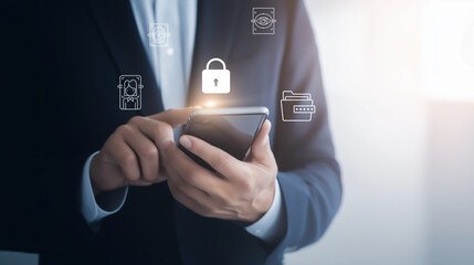 Business professional using smartphone to access for validate password for biometric two steps authentication to unlock security, Business Technology security Concept.