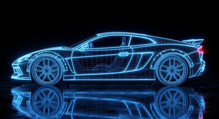Futuristic Sports Car Wireframe Hologram, Blue Neon Light, Dark Reflective Background