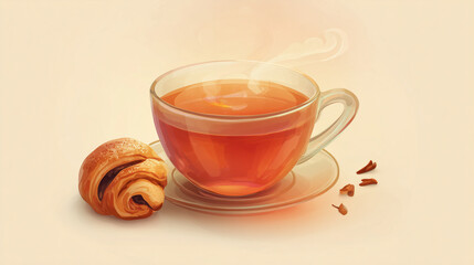 Illustrated hot apple cider with pastry, warm amber tones, soft gradients, modern flat illustration