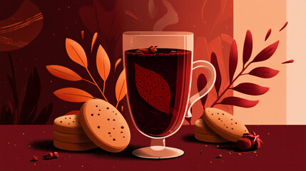 Stylized illustration of mulled wine with spiced cookies, warm red and brown palette, smooth gradients, cozy flat style