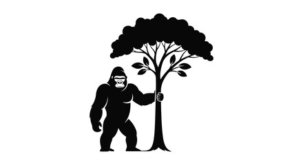 A striking image depicts a gorilla standing by a tree showcasing a bold black silhouette