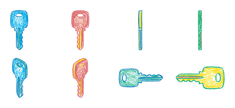 Set of eight colorful illustrated keys in a hand drawn, textured linocut style, showcasing different types and perspectives including front, side, and isometric views