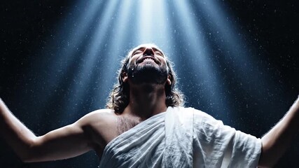 Man reaching upwards in beams of light