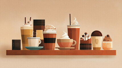 Cafe holiday menu board illustration with hot drinks and desserts, warm brown and cream palette, flat modern style, subtle paper texture, clean layout