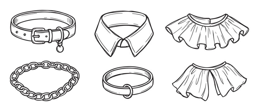 Set of hand-drawn collar illustrations in a sketch style, featuring various designs like a leather buckle choker, chain necklace, ring collar, shirt neckband, and ruffled jabot