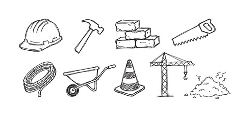 Hand drawn black and white construction icons including a hard hat, hammer, bricks, saw, and crane in a simple doodle sketch style illustration set for building and industry concepts