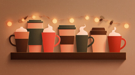 Holiday coffee menu board with cups and mugs illustration, modern flat style, warm lighting feel, paper texture