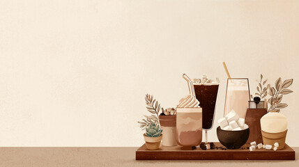 Winter drinks menu board illustration for cafe, cozy brown and beige tones, minimal flat design, subtle grain texture