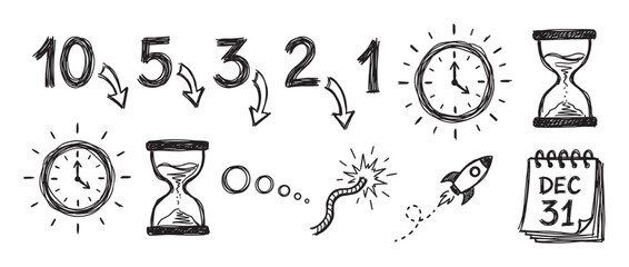 Hand drawn doodle illustration set of countdown elements with numbers, a clock nearing midnight, a rocket, and a calendar for a New Year's Eve celebration concept