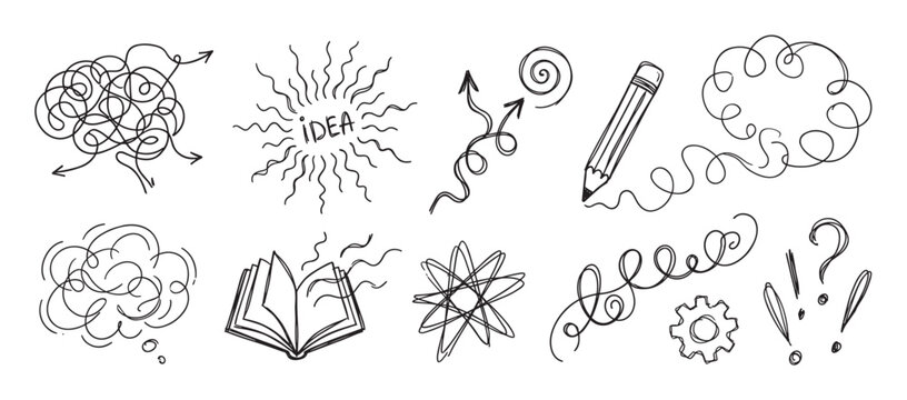 Set of hand-drawn sketch icons representing creative ideas, brainstorming, and problem-solving, featuring a tangled brain, pencil, book, gear, and thought bubbles in a doodle style