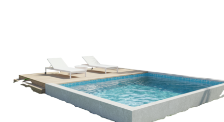 A modern rectangular above-ground pool with clear blue water, tropical plants, white lounge chairs on a light wooden deck, against a transparent background, studio lighting, tropical luxury concept