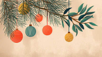 Cafe holiday menu board with pine branches and ornaments, cozy winter colors, flat textured illustration, minimal background