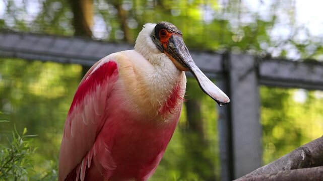 Portrait of a roseate spoonbill (Platalea ajaja) with its characteristic spatula-shaped beak