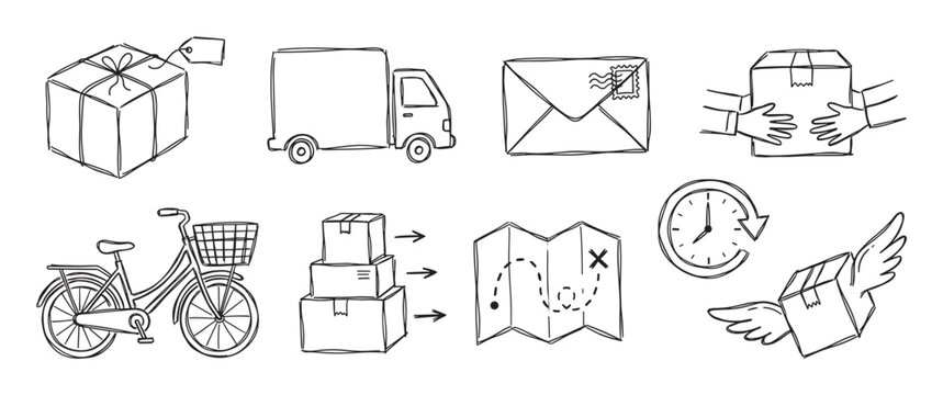 Hand drawn delivery and shipping icon set with a truck, bicycle, parcel, map, and clock in a simple black and white doodle style for logistics and e-commerce concepts