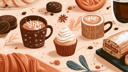 Holiday cafe pastry menu board with baked goods illustrations, modern flat style, warm festive tones