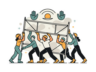 Teamwork in Action. Lifting a scaffold frame. A team raises a large metallic scaffold panel together, with support icons and balance arcs floating above.