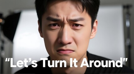 A determined Asian man with a serious expression looking directly at the camera with a motivational quote