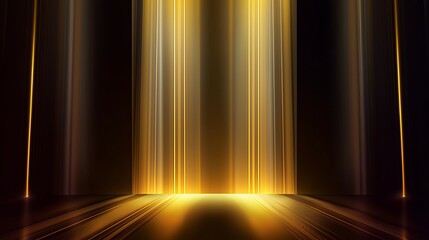 Golden light beams illuminate a dark stage with vertical curtains and reflective floor
